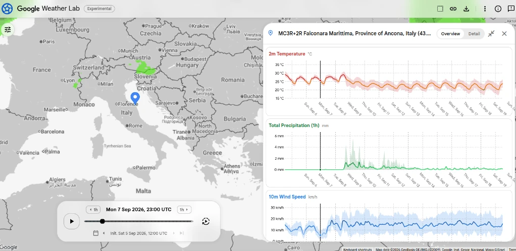 Mappa WeatherLab per verifica dati meteo nel futuro con intelligenza artificiale